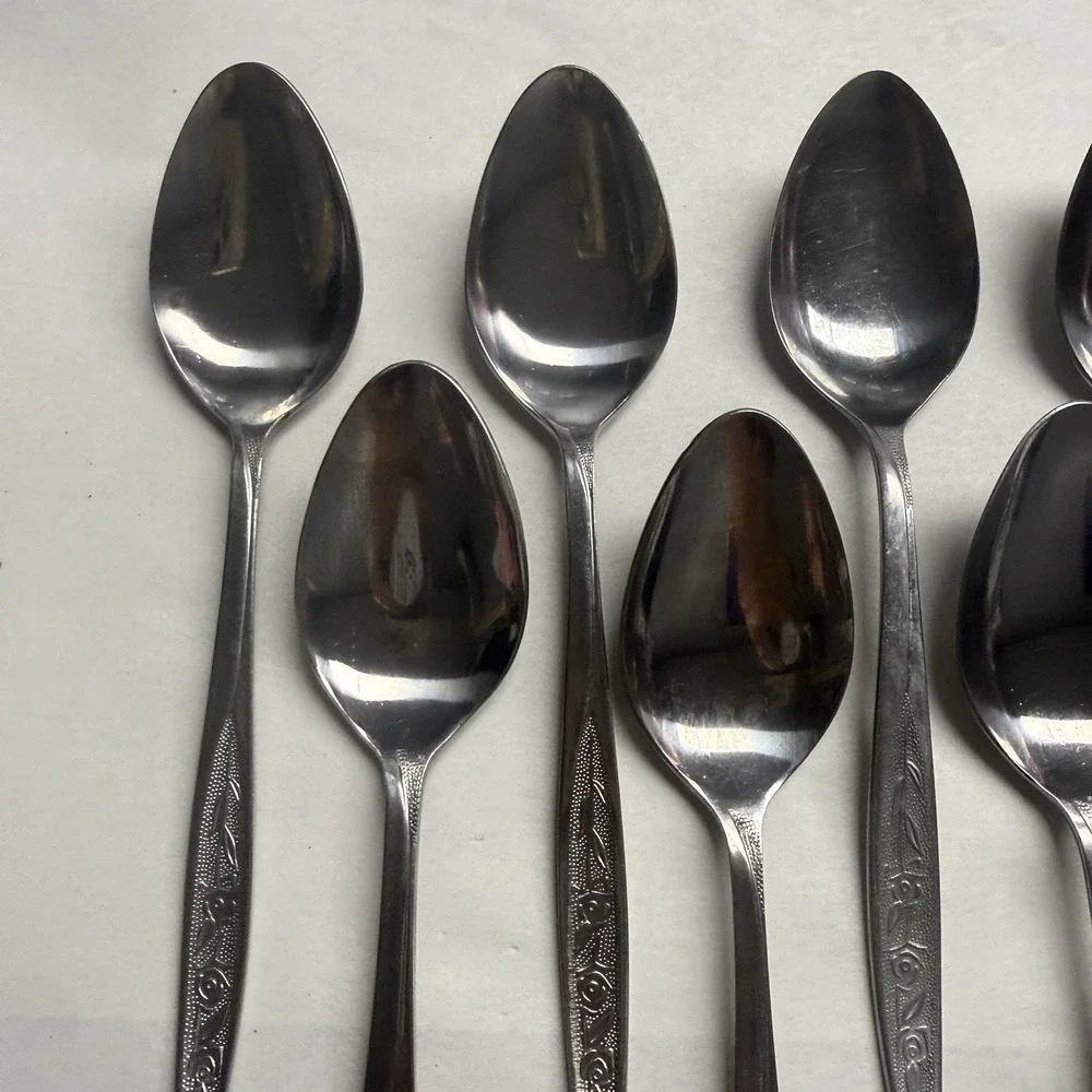 9 Vintage Customcraft CUS1 Soup Table Spoons Roses Stainless Steel Flatware